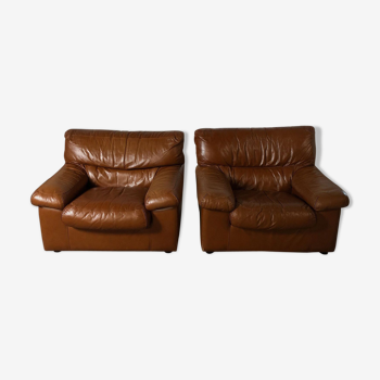 Pair camel leather armchairs