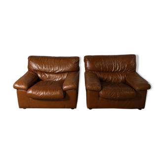 Pair camel leather armchairs