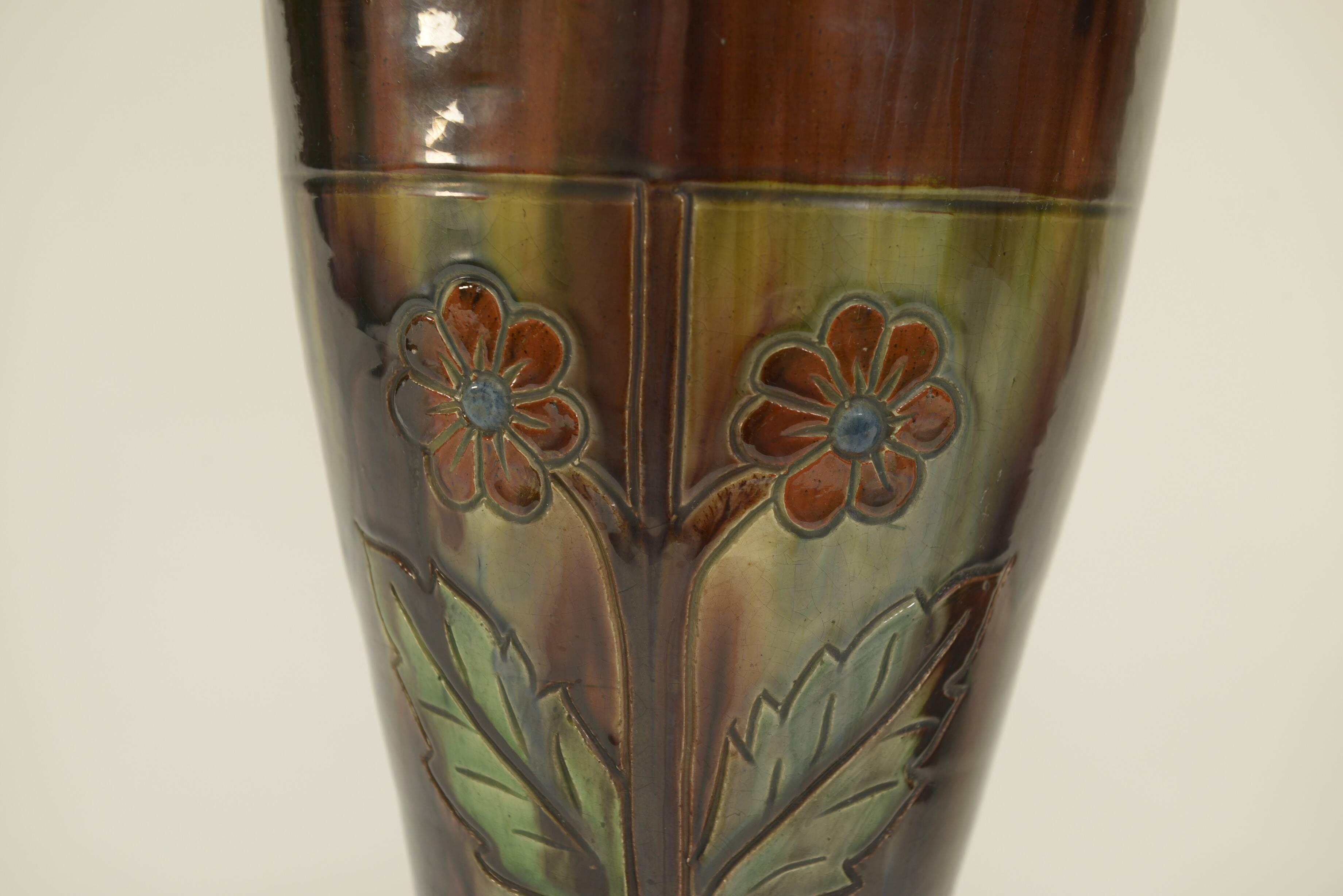 Pair of barbotine vases from the early 20th century stamped BELGIUM 158