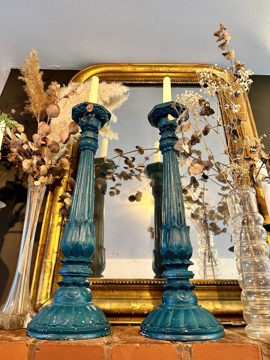 2 vintage duck blue wooden candlesticks