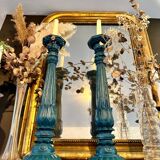 2 Large vintage duck blue wooden candlesticks