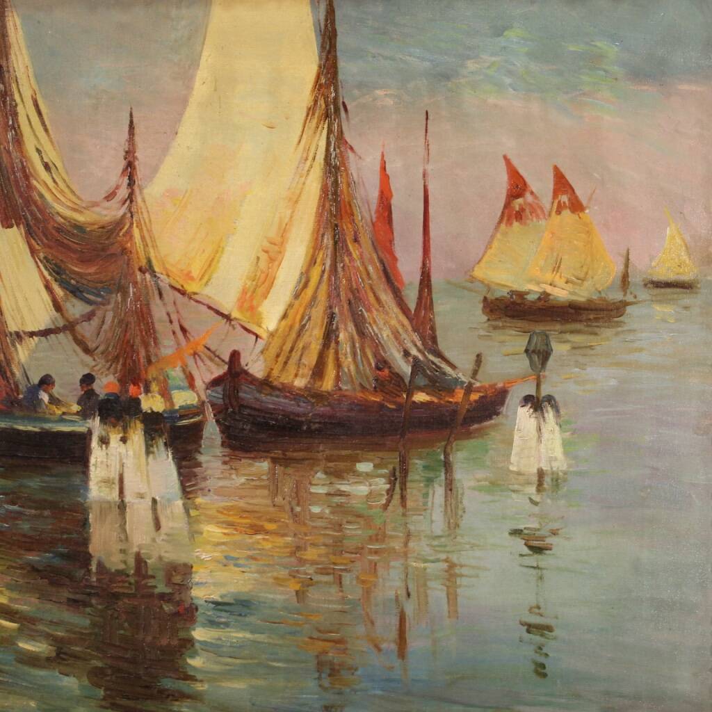 Signed painting and dated seascape with boats from the 20th century