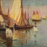 Signed painting and dated seascape with boats from the 20th century