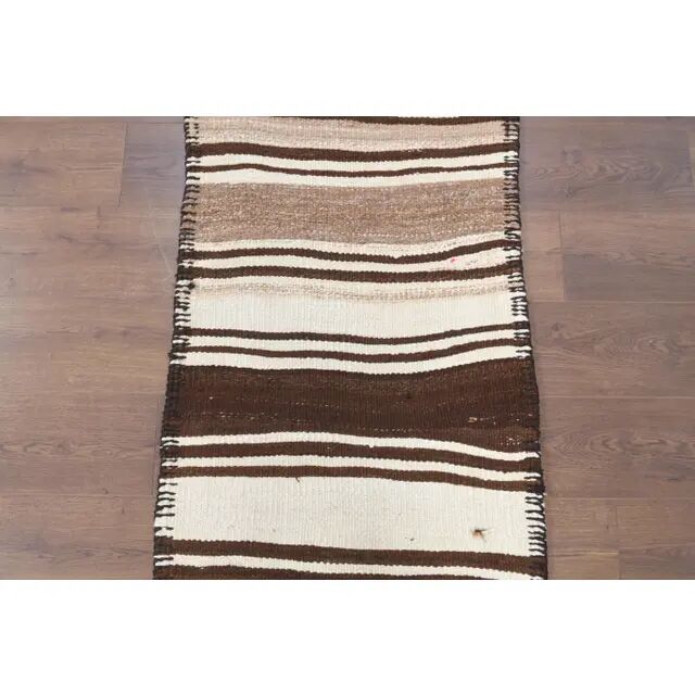 Vintage Turkish Oushak Handmade Cotton Beige Wool Runner Rug 71x275