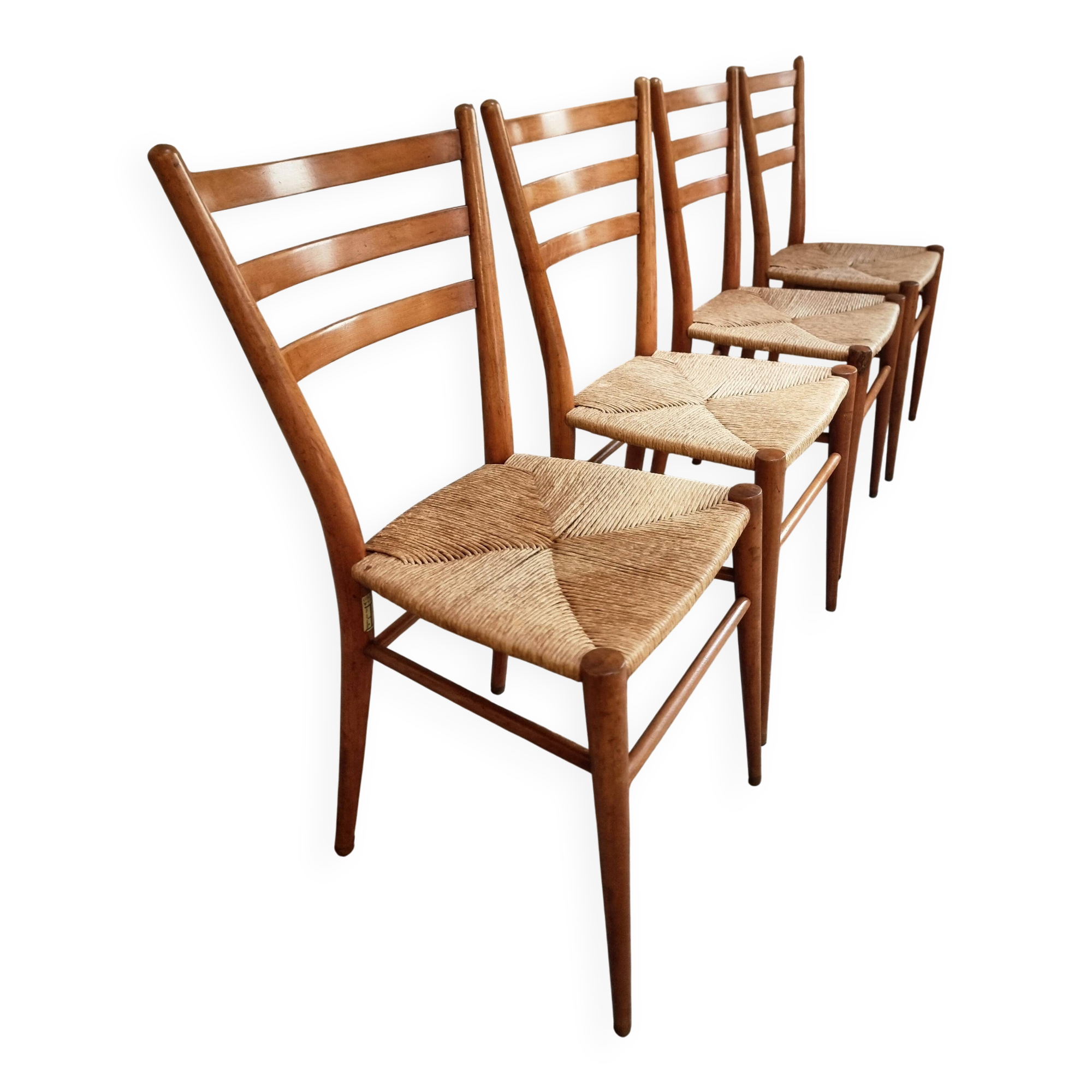Ensemble de 4 chaises de salle à manger italiennes mid-century avec assises tressées, vers 1950–1970