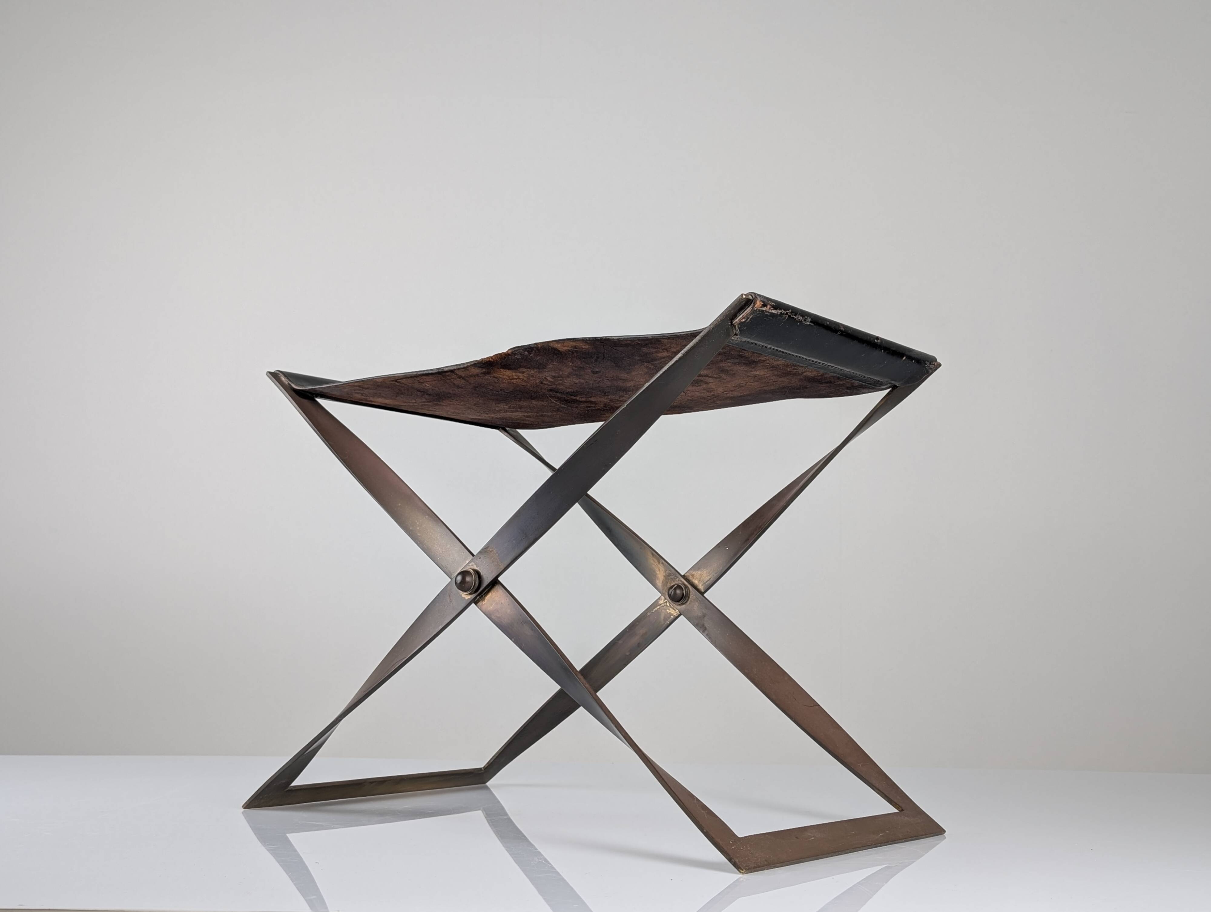 Folding Steel and Leather Stool, Denmark 1960s