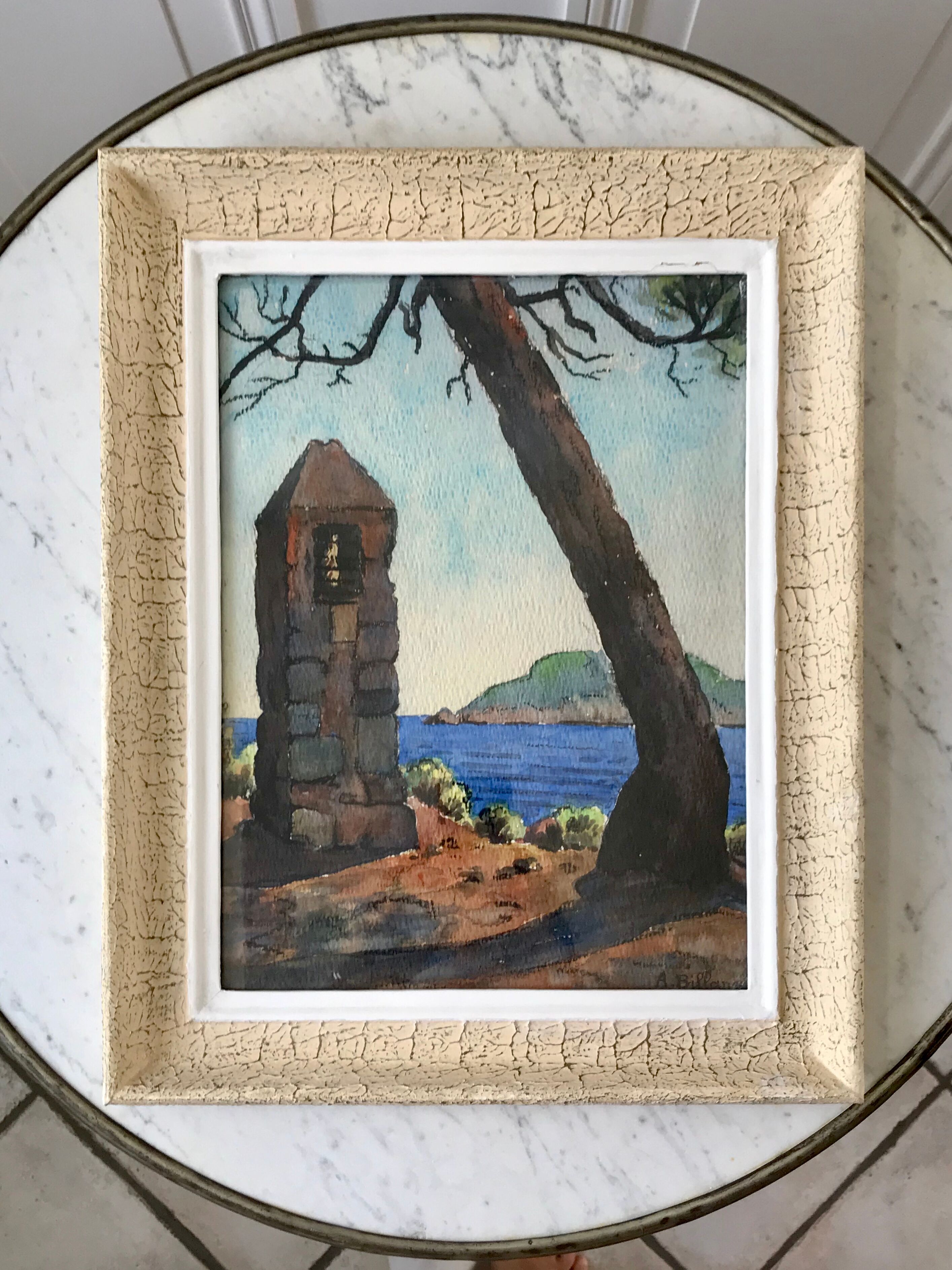 Landscape painting sea old watercolor signed