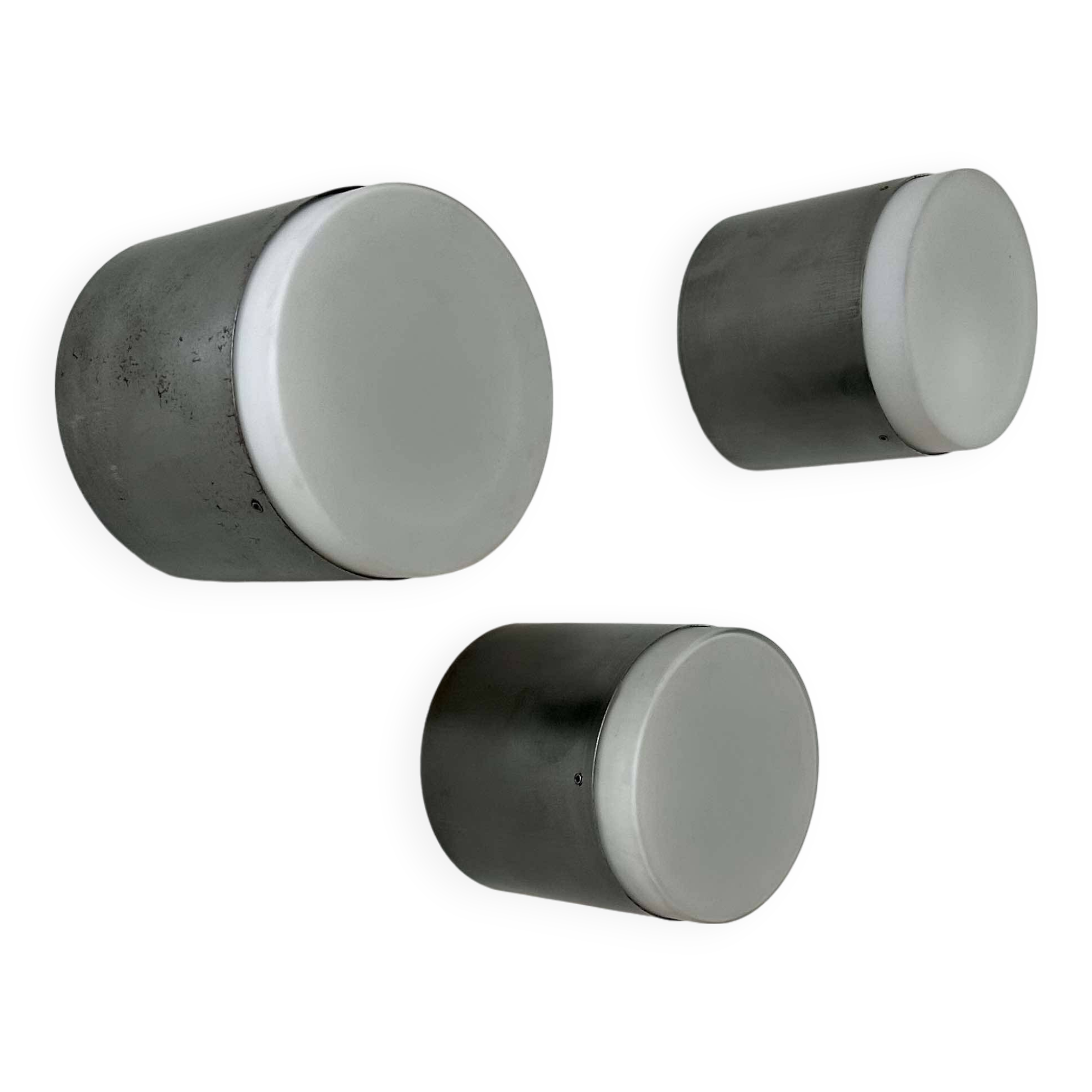 Set of 3 vintage Raak wall lights, aluminum and opaline, Holland 1960