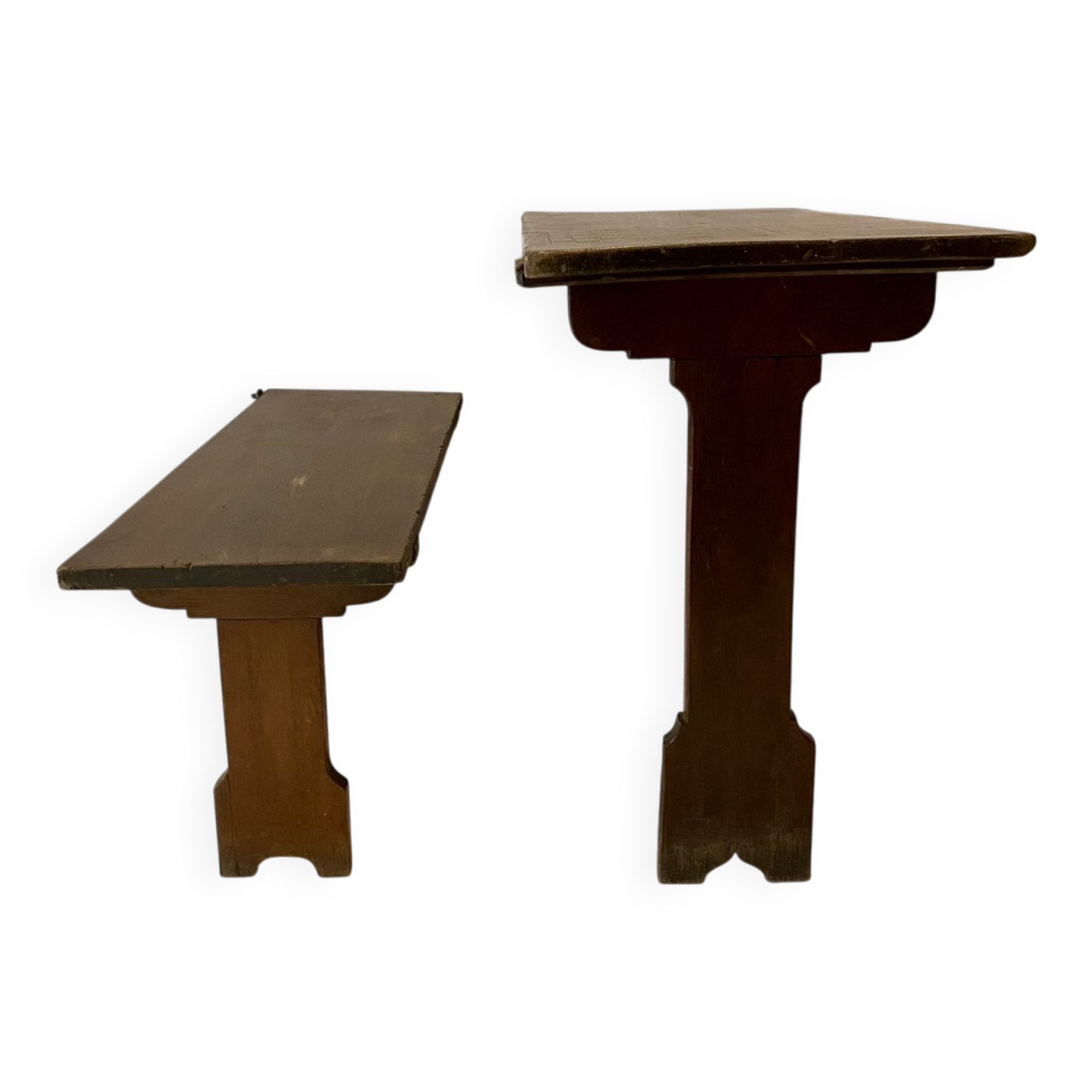 Art Deco German Wabi Sabi Brown Oak Prison Cell Table and Bench, 1930s, Set of 3