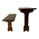 Art Deco German Wabi Sabi Brown Oak Prison Cell Table and Bench, 1930s, Set of 3