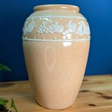 Beige textured ceramic vase with fruit decoration in a raised band, 32cm, numbered
