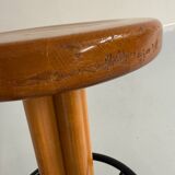 Set of 4 solid elm wood bar stools, vintage 70s design