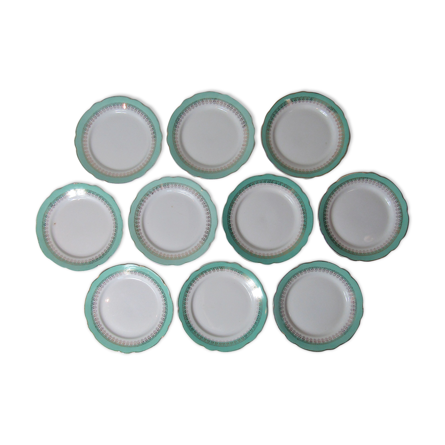 10 flat plates Digoin Sarreguemines mint gold