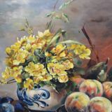 Jhane JONCHERY (19th~20th century) "Still life with flowers and fruits: peaches, grapes, plums"