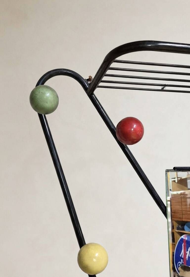 Vintage coat rack attributed to Roger Feraud, black metal with coloured spheres, 1970s, 180 x 82 x 22 cm