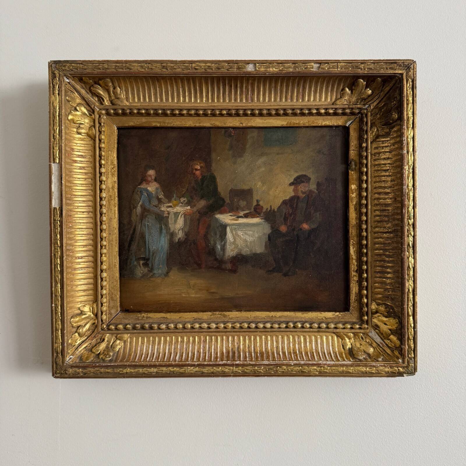 Huile sur panneau scène de taverne monogramme BC XIXe