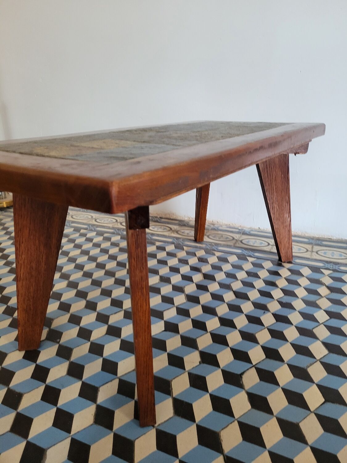 Brutalist coffee table wood and slate