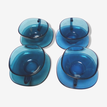 4 cups and saucers vintage blue glass