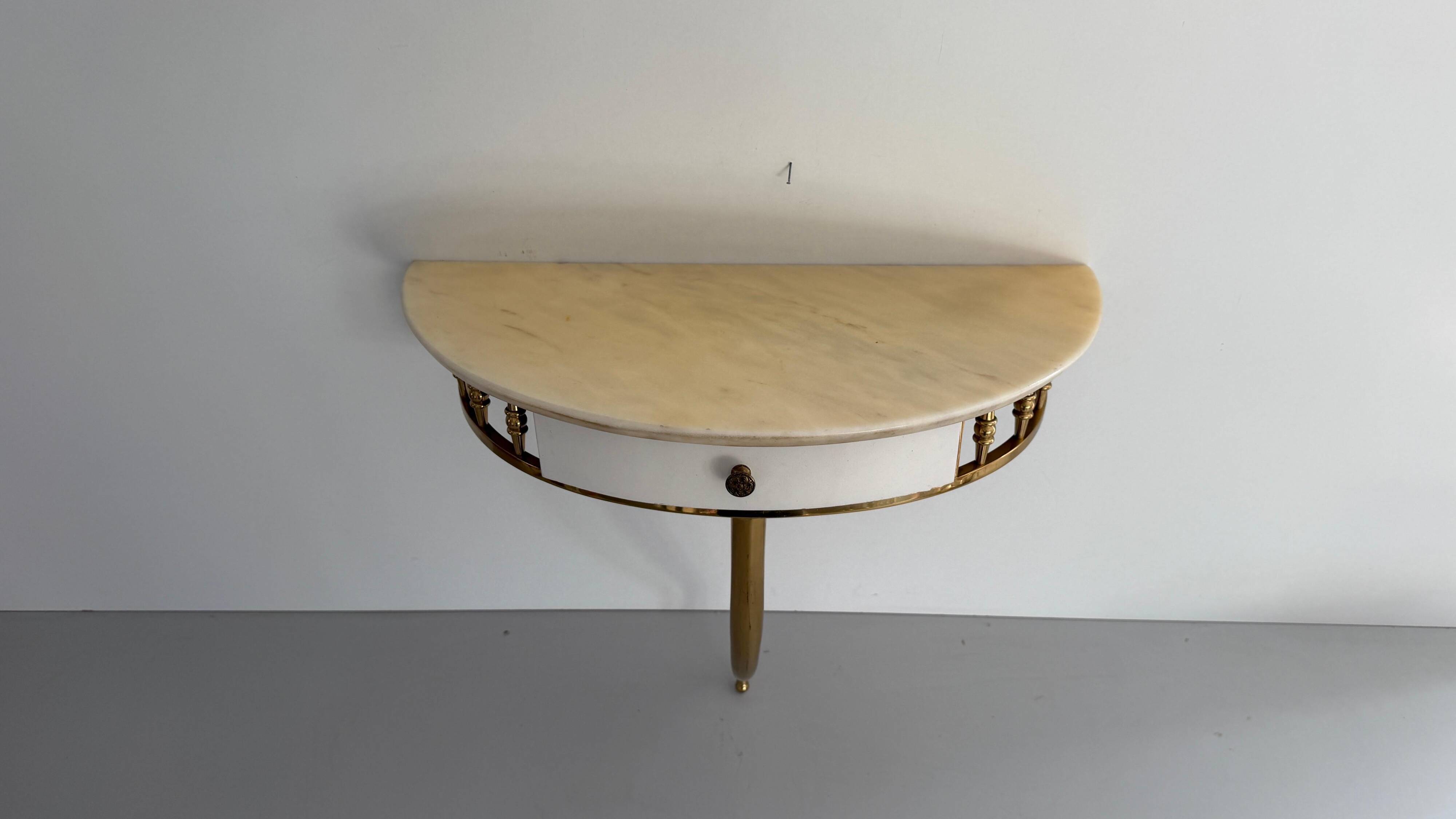 Floating wall console with drawer, brass body and marble top, 1960s, Italy