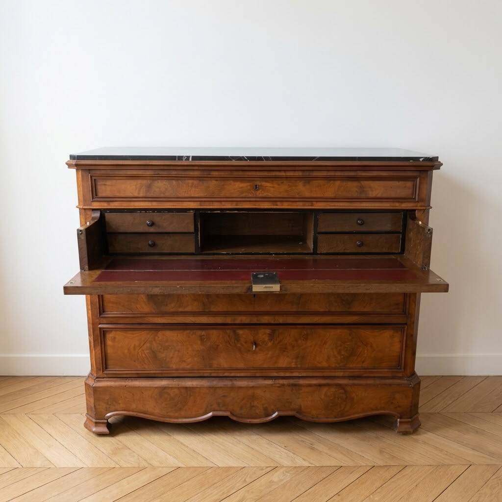 Antique walnut secretary chest with marble top.