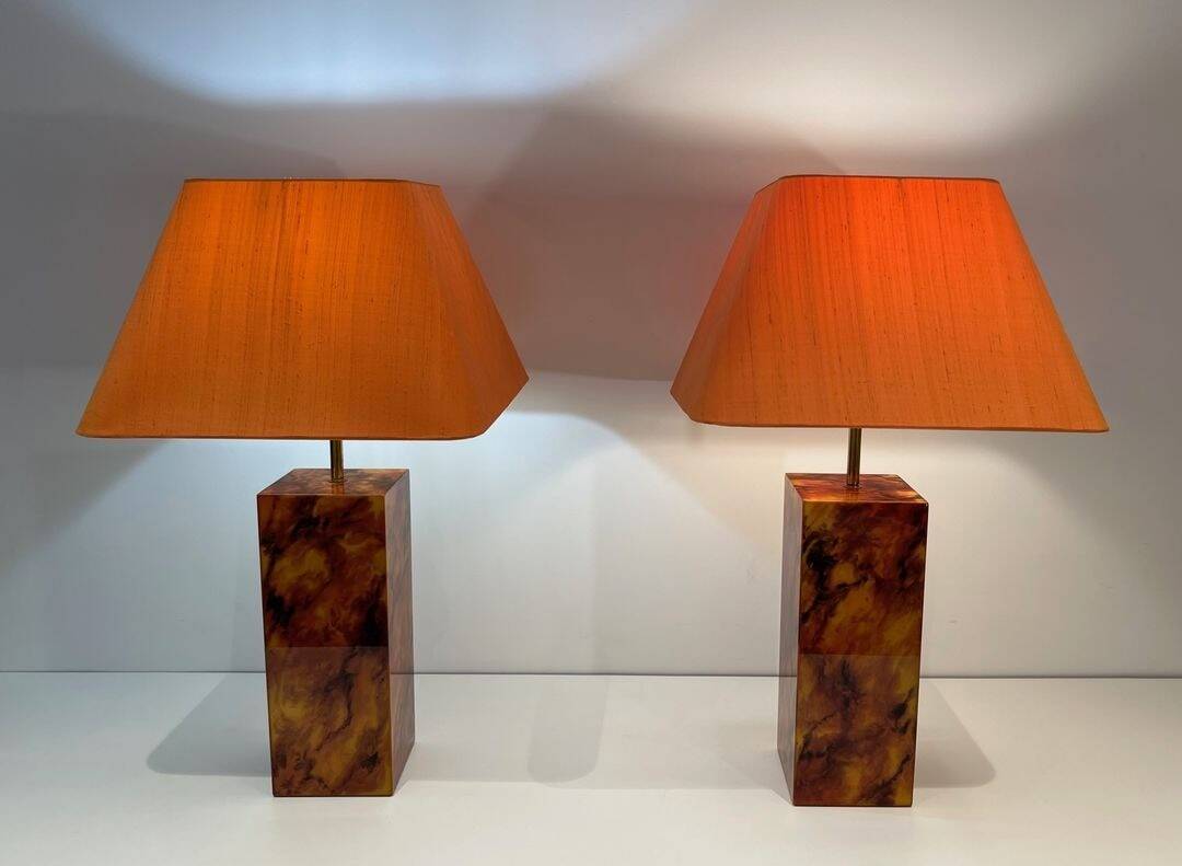 Pair of Plexiglass Lamps Imitating Tortoiseshell, French Work,