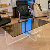 Table basse 1970 Michel Dumas Verre fumé et Plexiglass