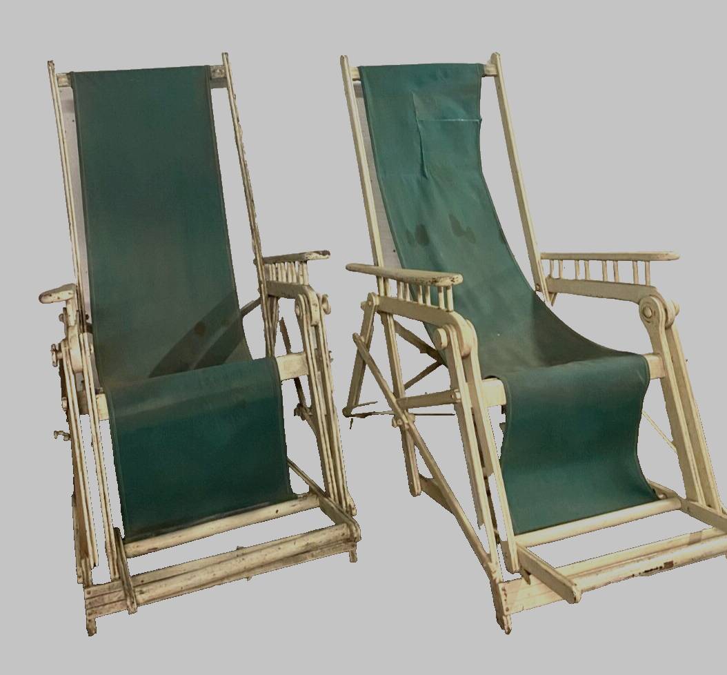 Pair of old 20th century lacquered wood deckchairs