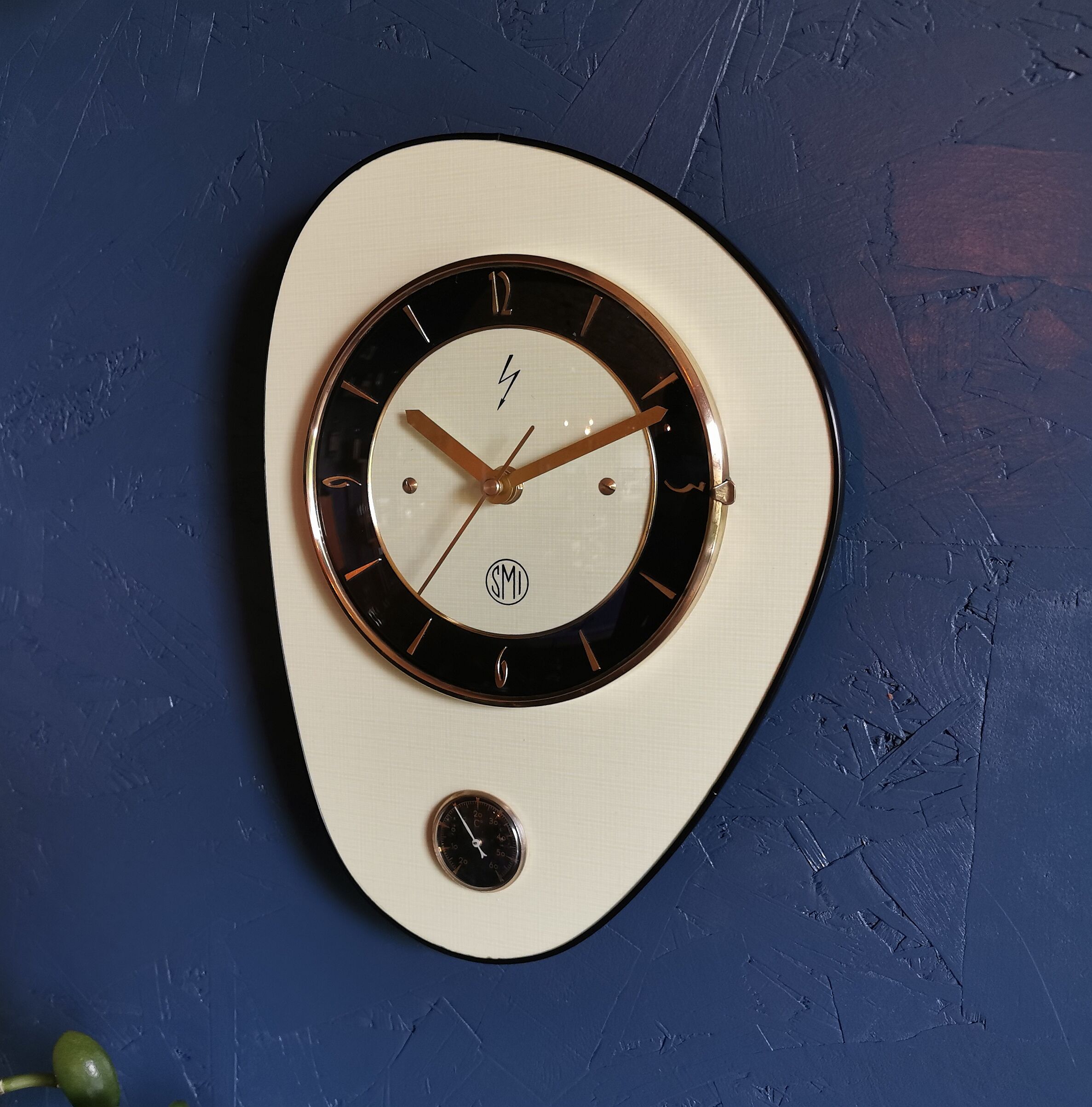 Vintage formica clock asymmetrical silent wall clock "SMI yellow black"
