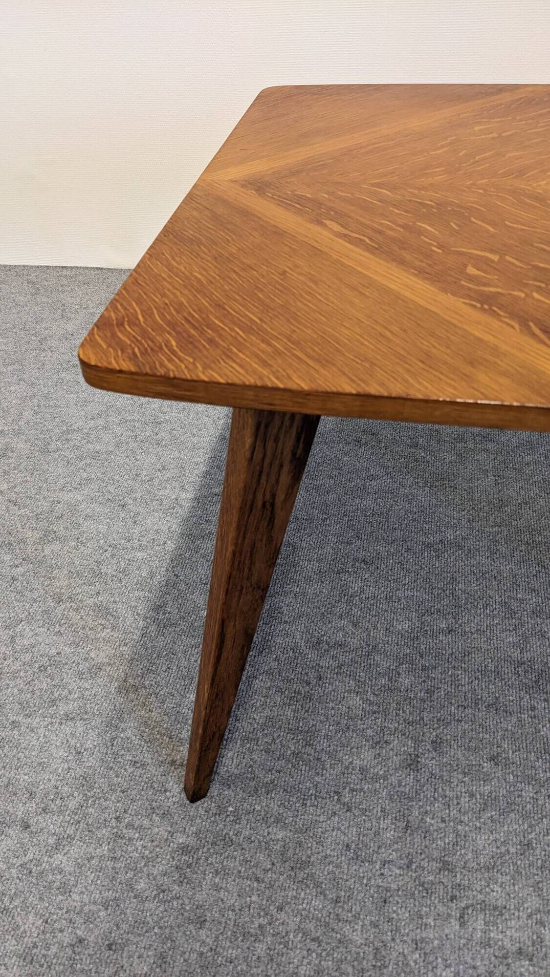 Modernist coffee or side table in oak marquetry, France 1960.