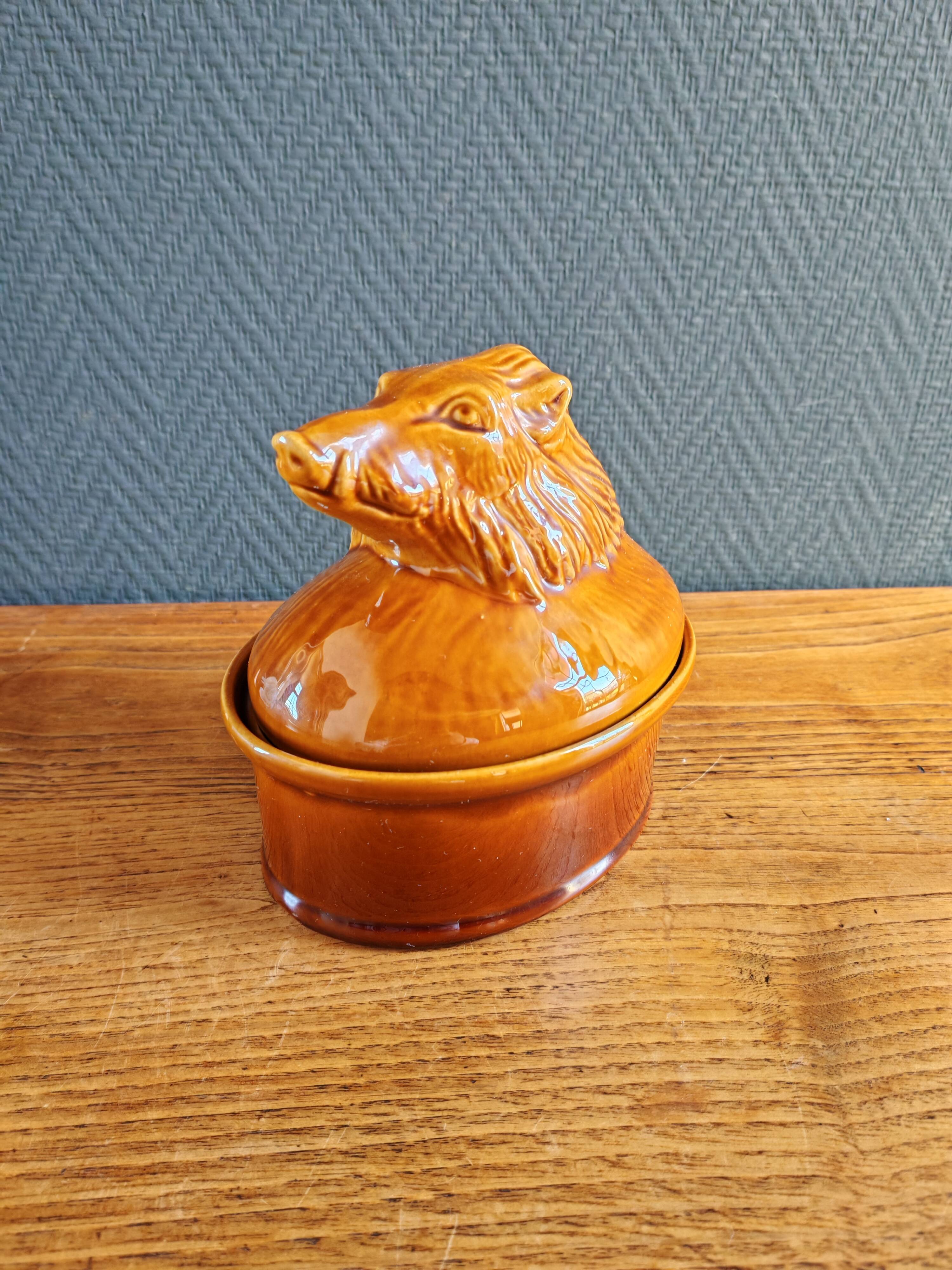 Terrine Vintage Tête de Sanglier en Céramique, Plat de Service Gibier