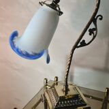 Art deco bronze lamp and its white and blue glass paste tulip 40x30