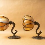 Pair lamps water lilies lotus style Tiffany vintage 90-2000