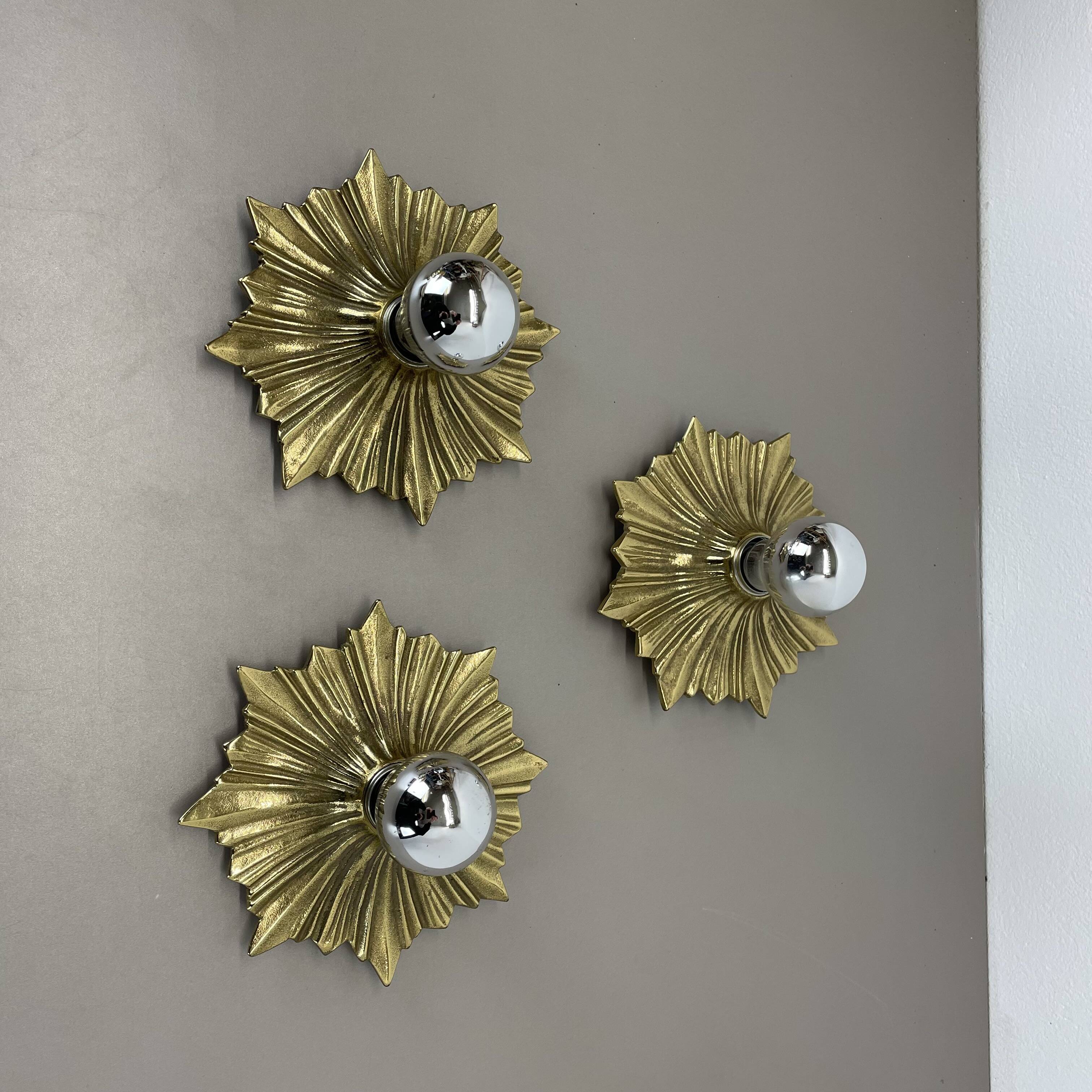 Set of Three Brutalist Bronze Sunburst Wall Lights, Italy 1950s