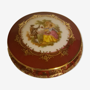 Limoges Castel porcelain pillbox with gallant scene decor