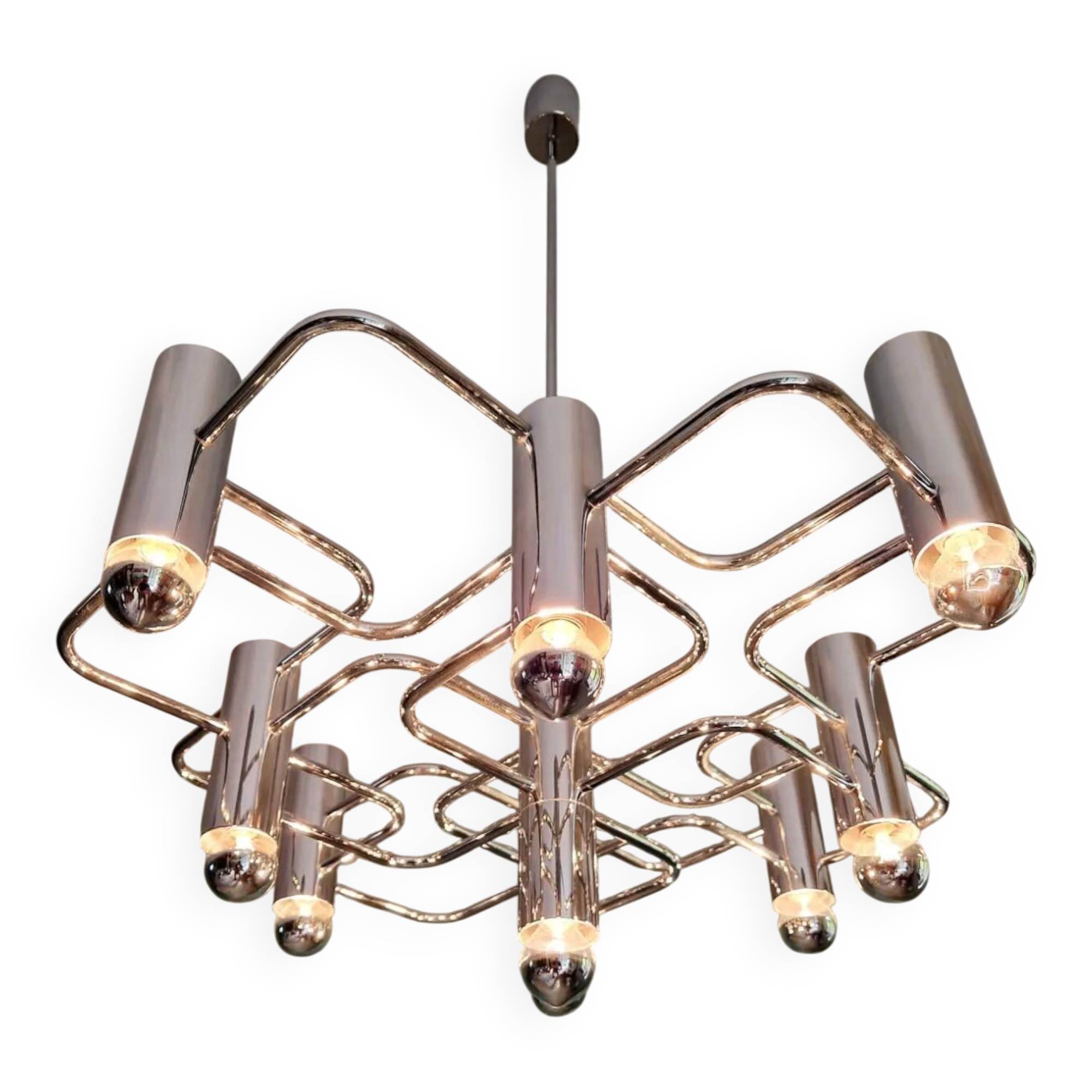 Large geometric chandelier in chrome metal, design by G. Sciolari, 1970.