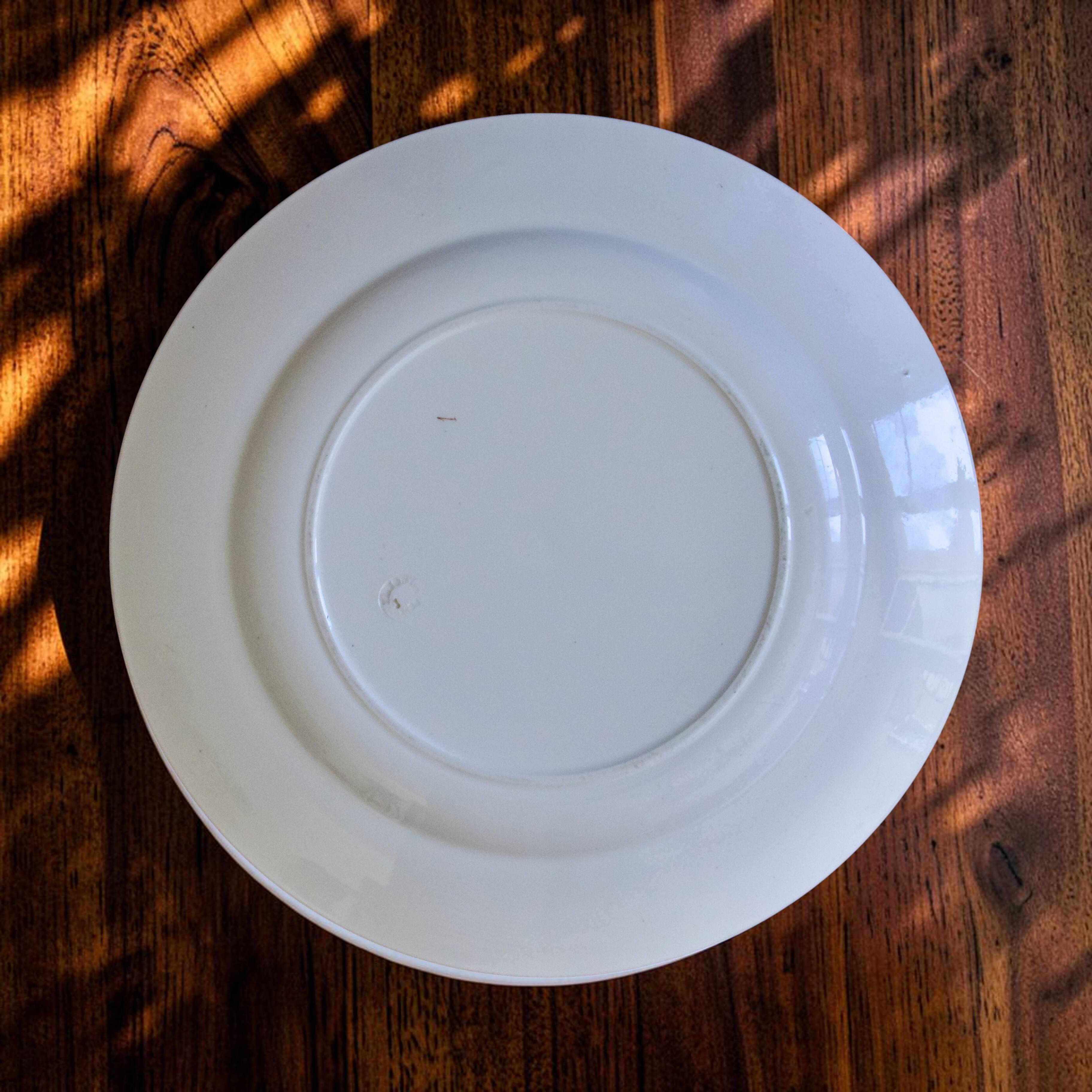 Large round dish from around 1870 signed Longwy with birds in sepia ironstone.
