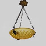 Ancien lustre, suspension vasque Art Déco 1 Feu, en pâte de verre jaune.