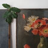 Peinture ancienne "coquelicots et marguerites"