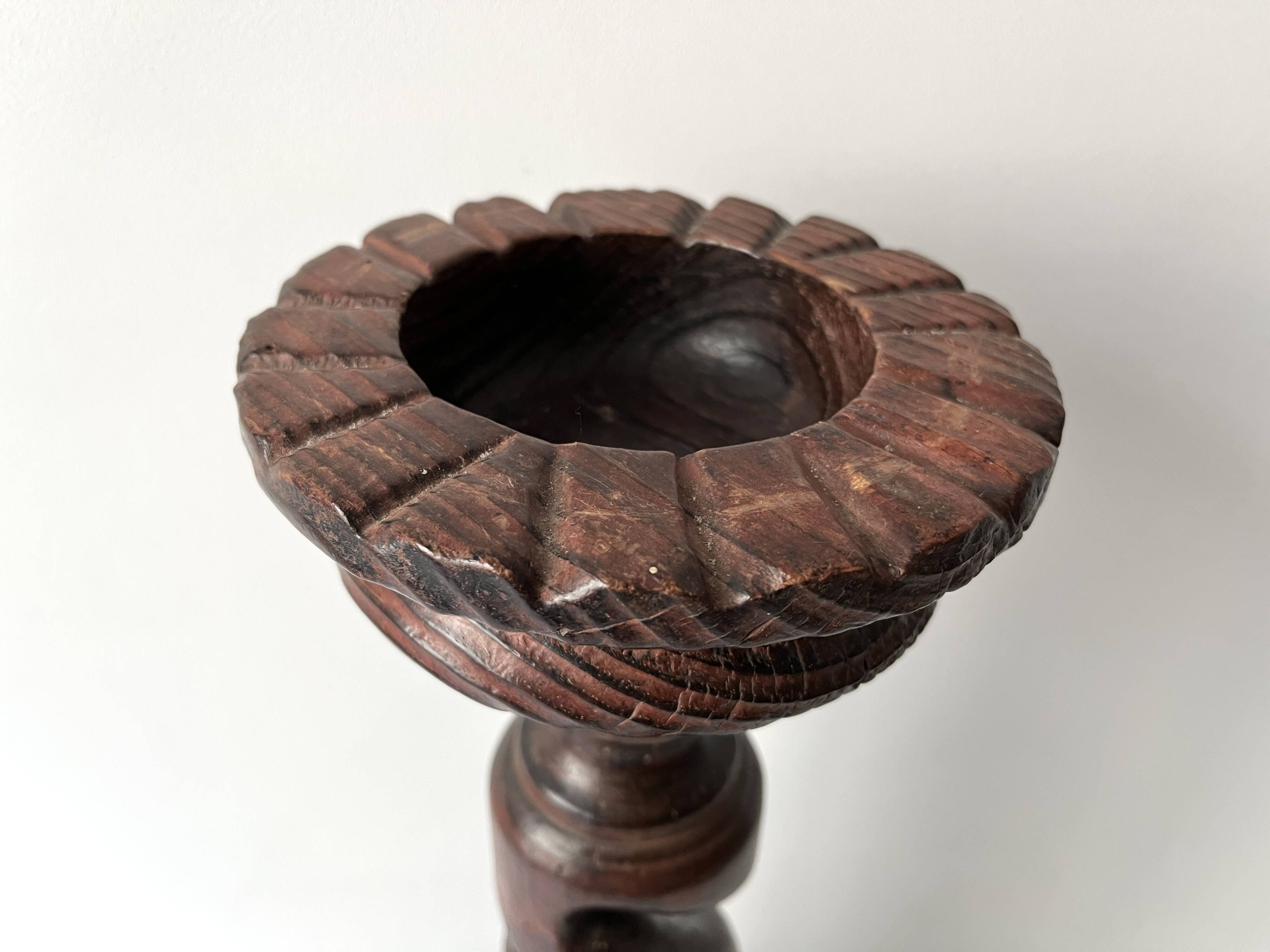 50s turned wooden pedestal ashtray, vintage rustic ashtray