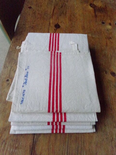 Old linen - 5 towels in métis, red stripes - 0111