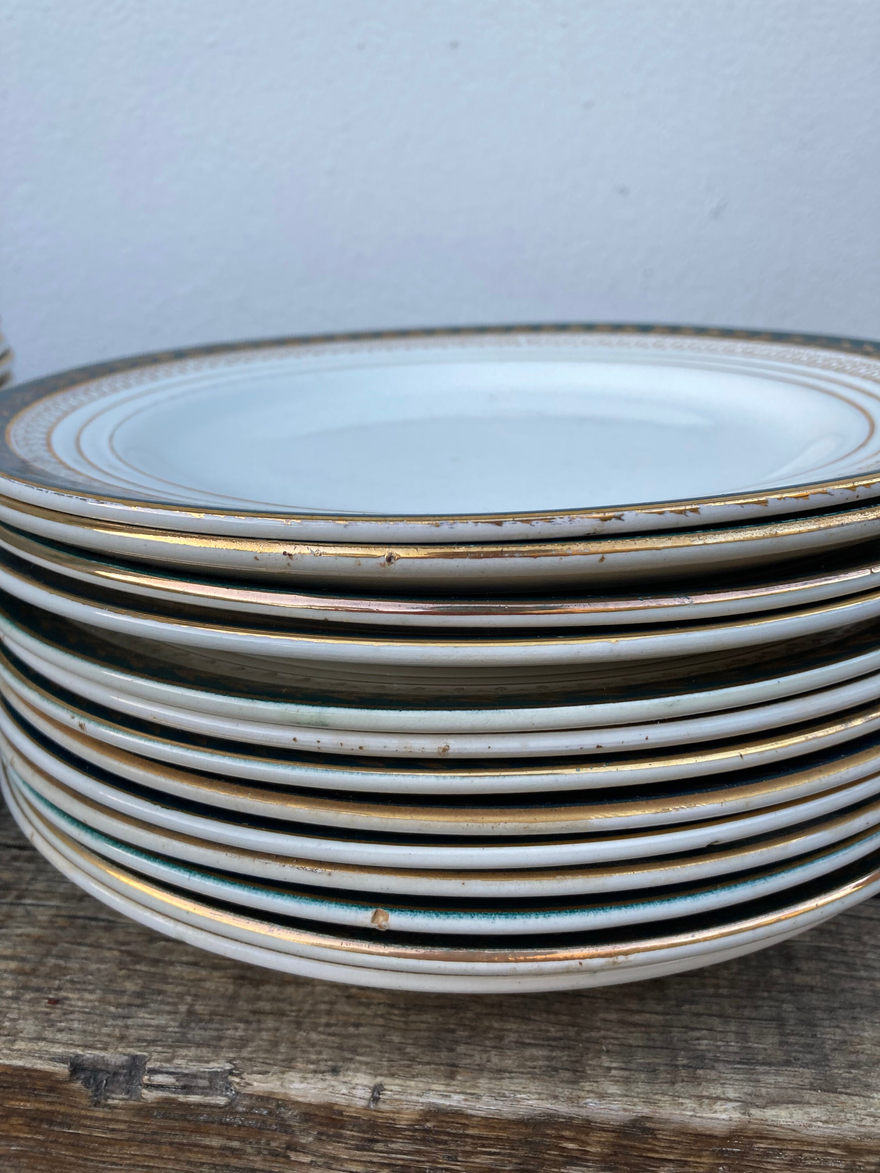 Plates for 14 people Céranord Saint Amand green and golden including hollows and plates