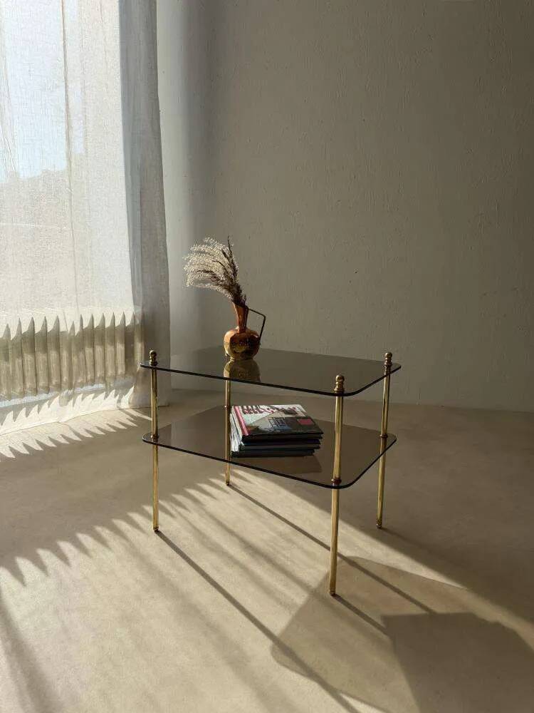 Vintage brass side table with smoked glass, 1970s
