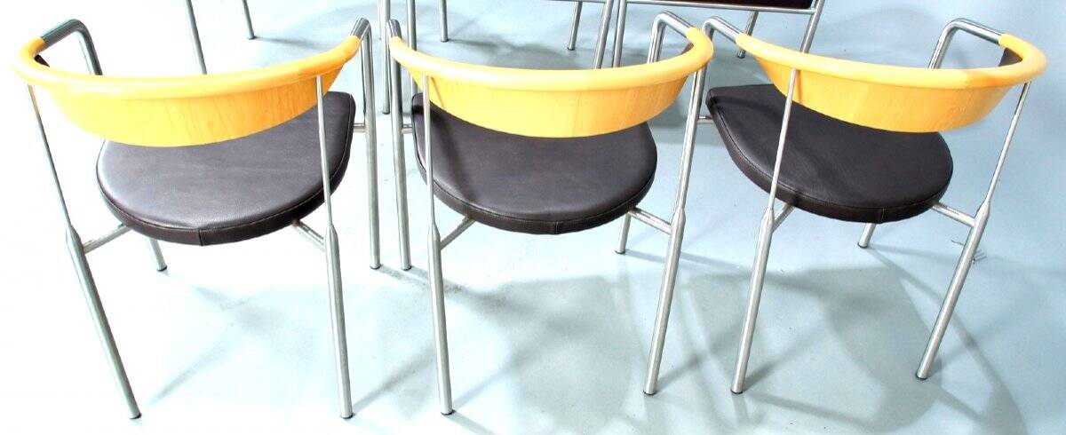 Series of 6 danish armchairs in stainless steel and wood, dark brown leather seats from the 1990s