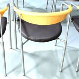 Series of 6 danish armchairs in stainless steel and wood, dark brown leather seats from the 1990s