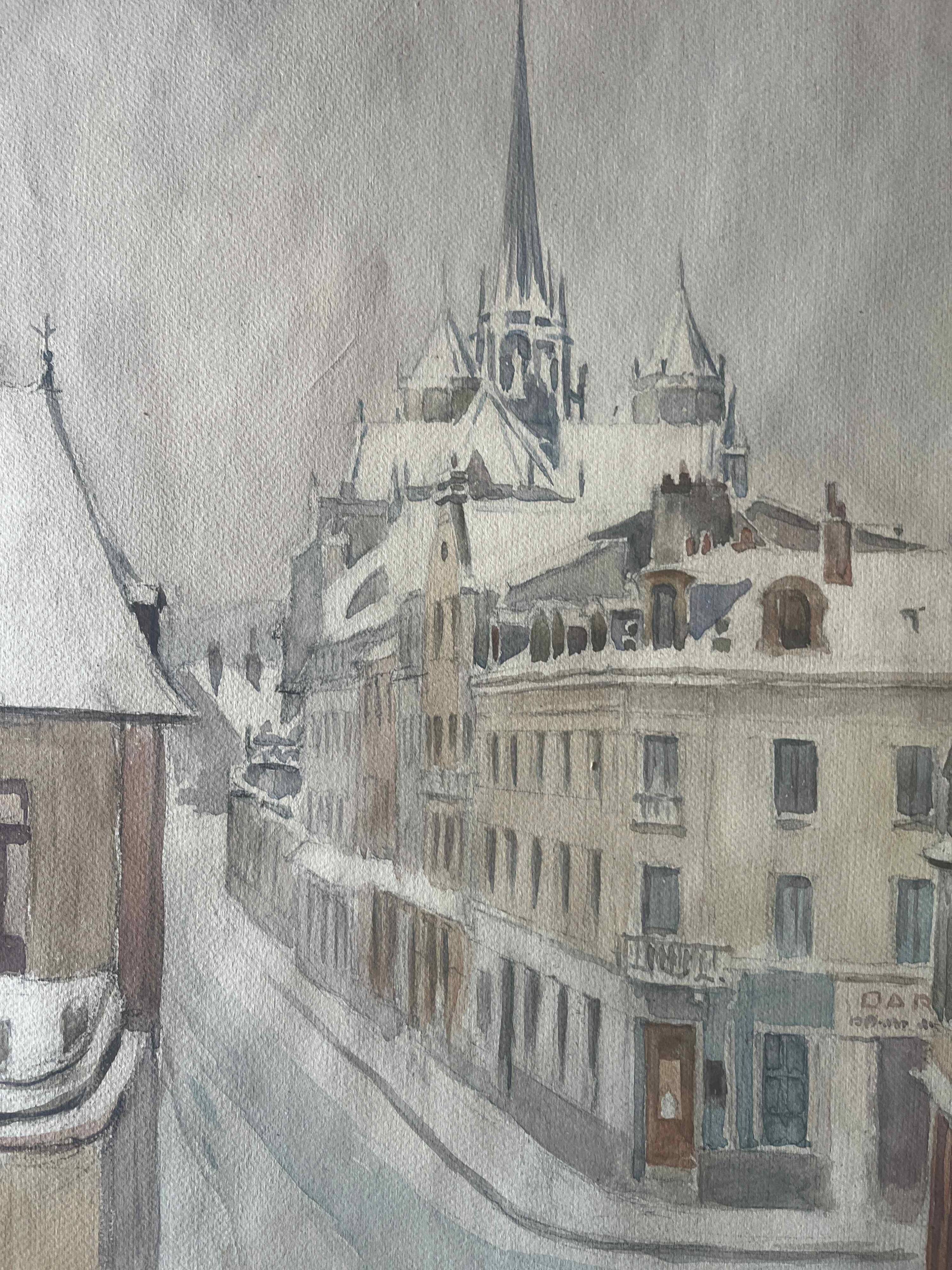 Two-sided watercolor painting Dijon Cathedral St Benigne/ Ouche by Henri Gabet 1899