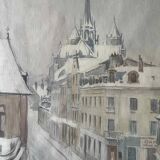 Two-sided watercolor painting Dijon Cathedral St Benigne/ Ouche by Henri Gabet 1899