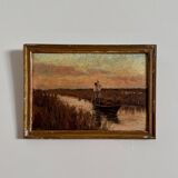 Oil on panel fisherman in a marsh Impressionism early 20th century