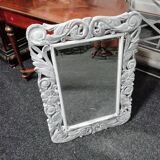 Miroir ancien en bois sculpté peint patiné et ciré 60x80cm