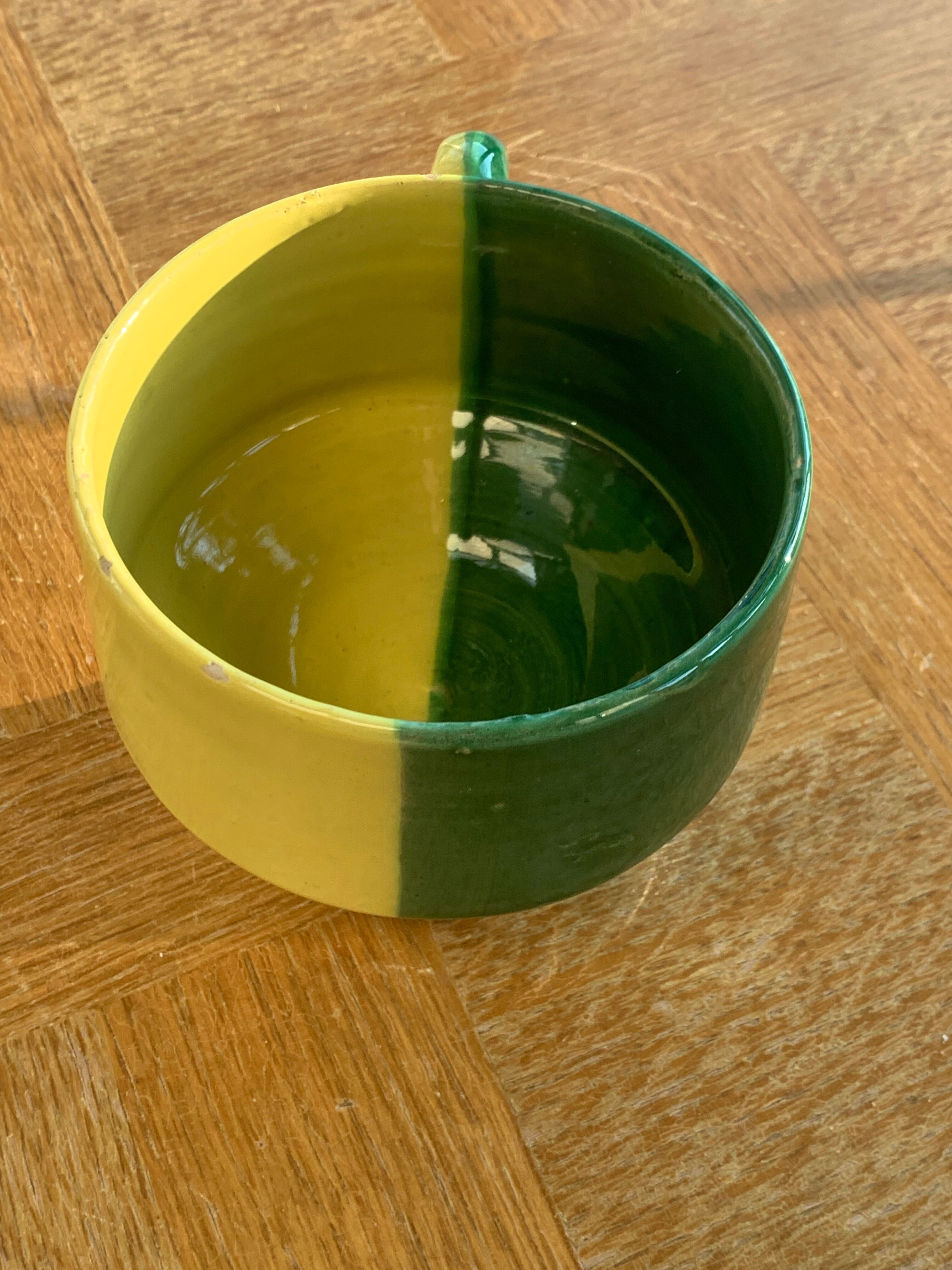 Large bowl in vintage green and yellow enamelled ceramic