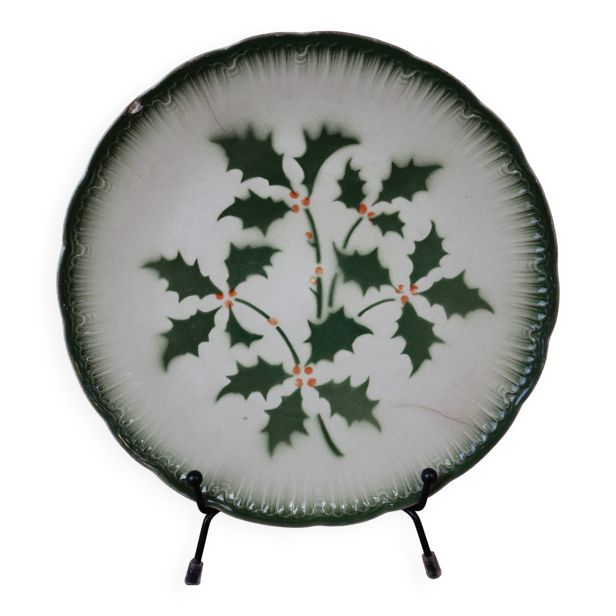 Antique Terre de Fer Badonviller dessert plate with "holly" decoration